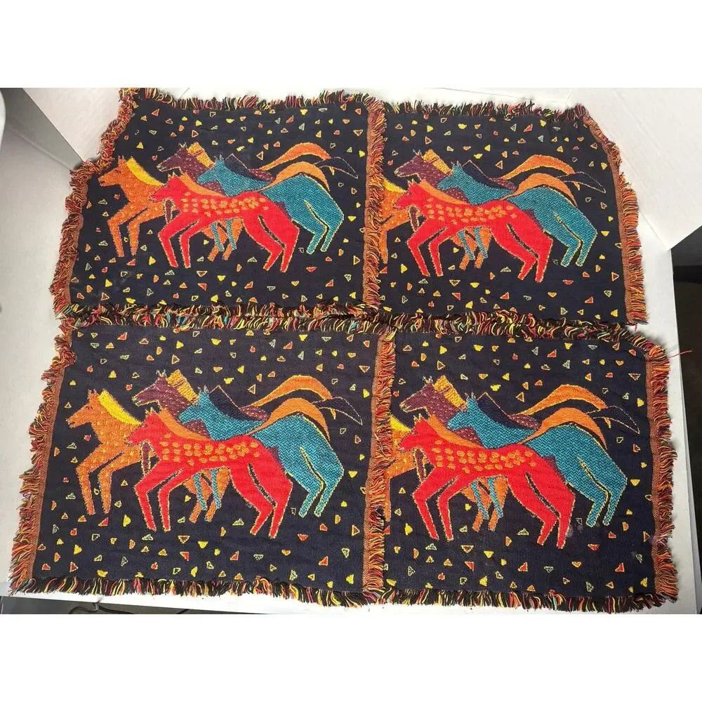 4 Vintage Laurel Burch placemants folk art wild painted horses elk canyon mares